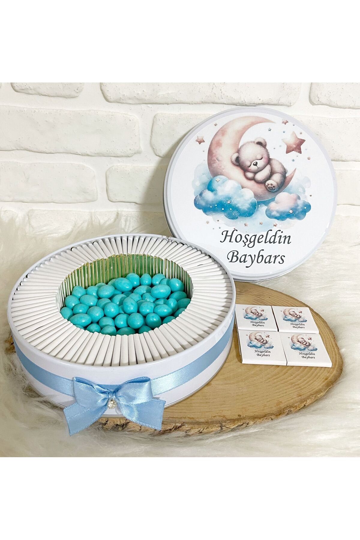100 Adet+200 Gr Draje Ayda Ayıcık Temalı İsme Özel Hoşgeldin Erkek Bebek Hediyelik Çikolata