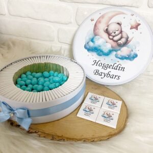 100 Adet+200 Gr Draje Ayda Ayıcık Temalı İsme Özel Hoşgeldin Erkek Bebek Hediyelik Çikolata