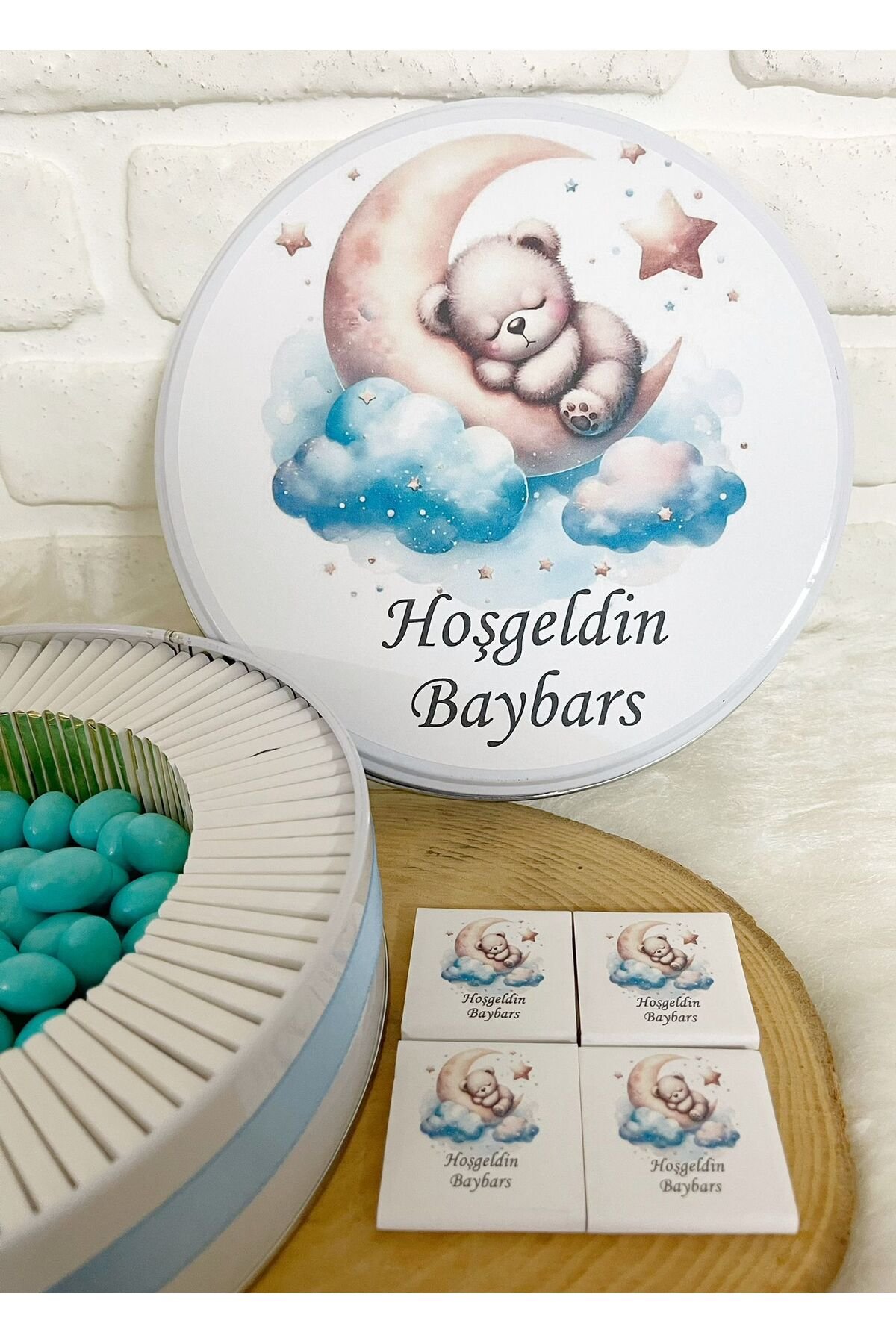 100 Adet+200 Gr Draje Ayda Ayıcık Temalı İsme Özel Hoşgeldin Erkek Bebek Hediyelik Çikolata - Görsel 4