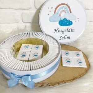 150 Adet Mavi Gökkuşağı Temalı İsme Özel Hoşgeldin Erkek Bebek Hediyelik Çikolata