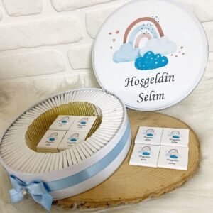 150 Adet Mavi Gökkuşağı Temalı İsme Özel Hoşgeldin Erkek Bebek Hediyelik Çikolata