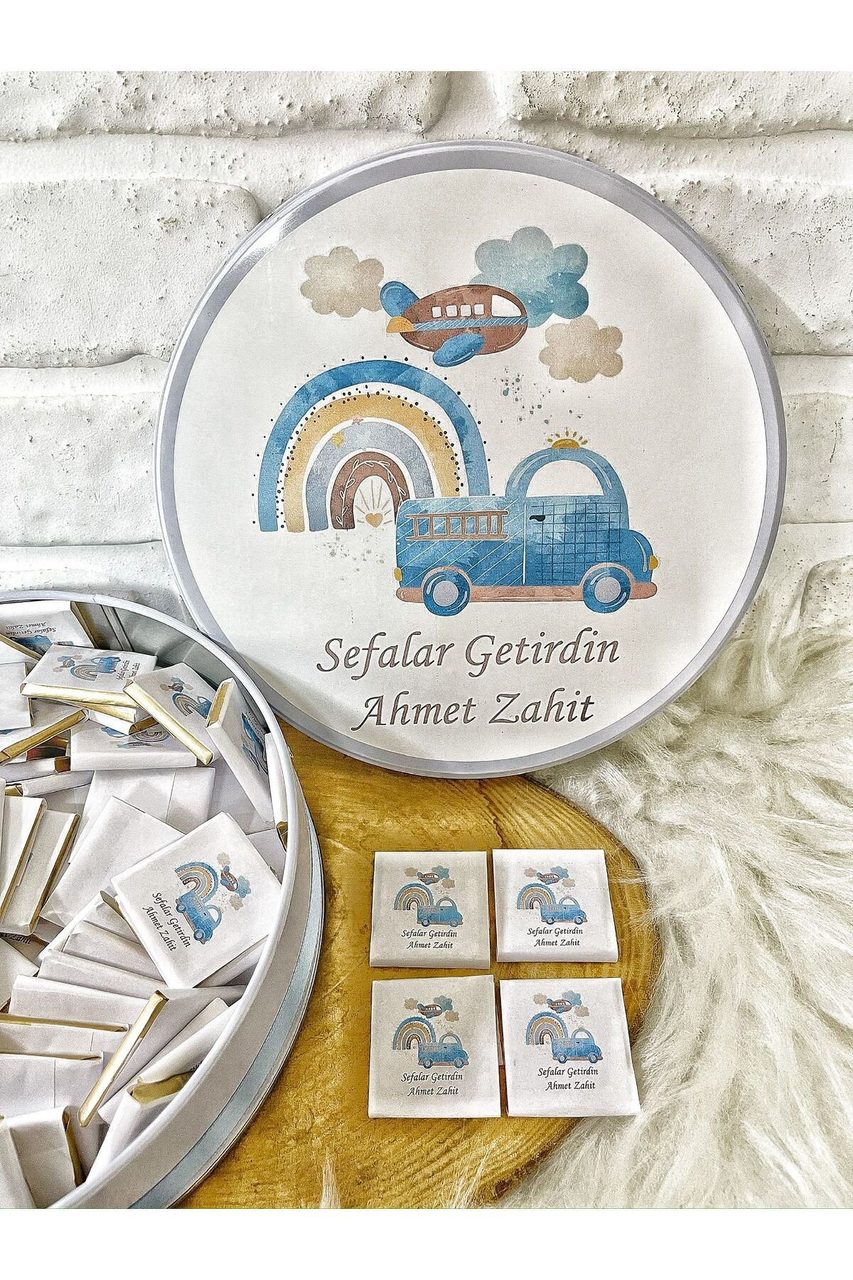 150 Adet Araba Gökkuşağı Temalı İsme Özel Hoşgeldin Erkek Bebek Hediyelik Çikolata - Görsel 3