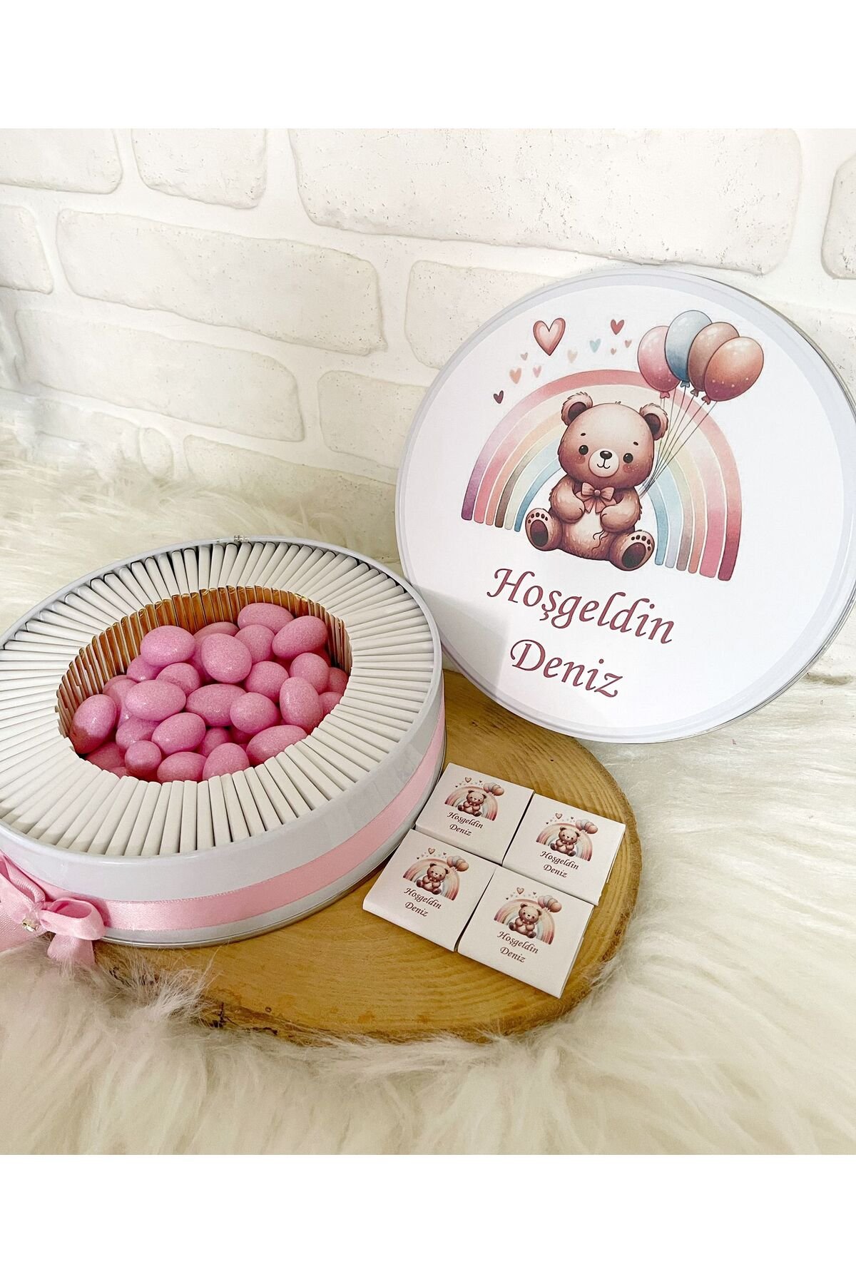 80 Adet+200 Gr Draje Gökkuşağı Ayıcıklı İsme Özel Hoşgeldin Doğumgünü Kız Bebek Hediyelik Çikolata