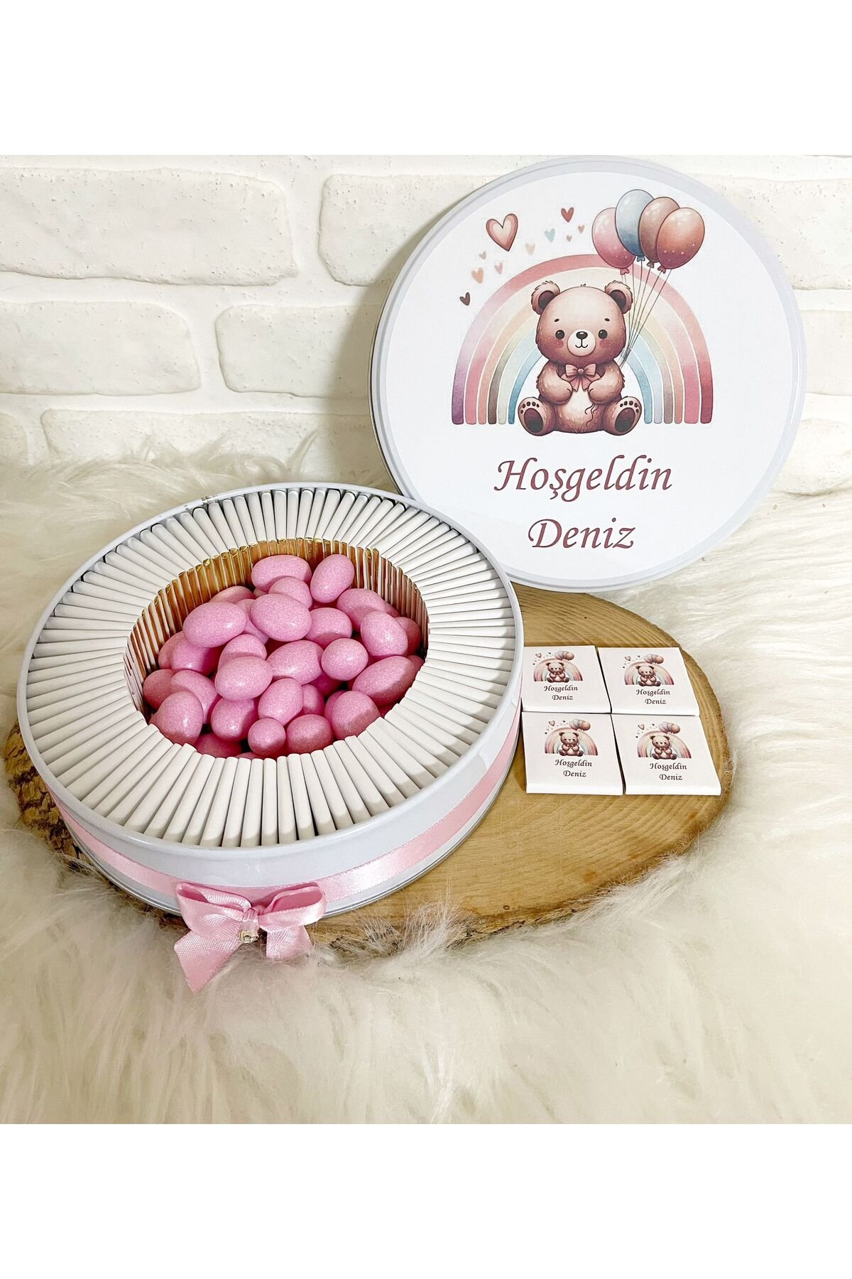 80 Adet+200 Gr Draje Gökkuşağı Ayıcıklı İsme Özel Hoşgeldin Doğumgünü Kız Bebek Hediyelik Çikolata - Görsel 2
