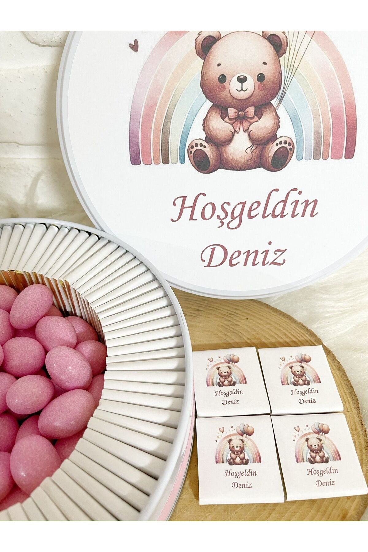 80 Adet+200 Gr Draje Gökkuşağı Ayıcıklı İsme Özel Hoşgeldin Doğumgünü Kız Bebek Hediyelik Çikolata - Görsel 3