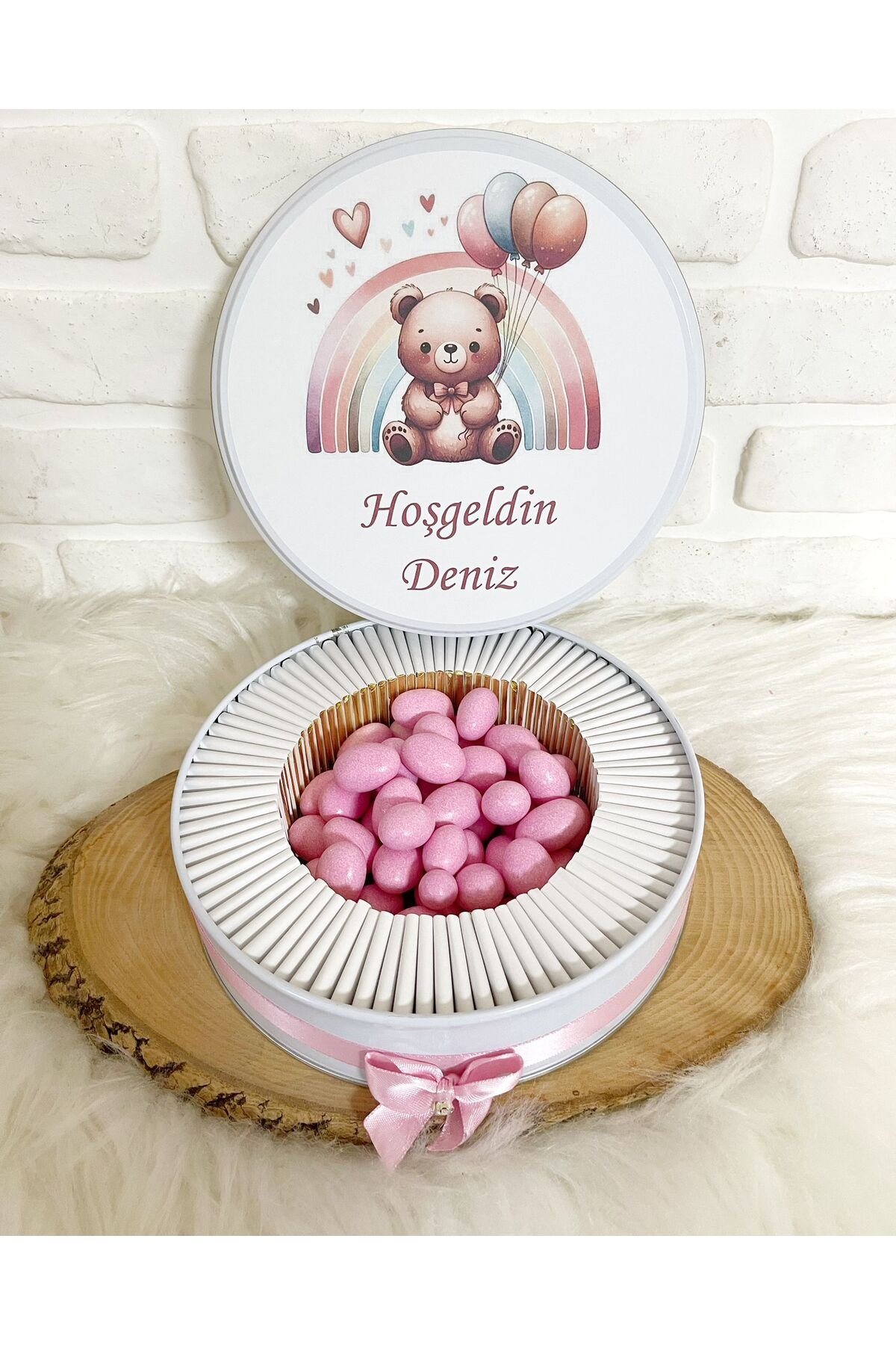 80 Adet+200 Gr Draje Gökkuşağı Ayıcıklı İsme Özel Hoşgeldin Doğumgünü Kız Bebek Hediyelik Çikolata - Görsel 4