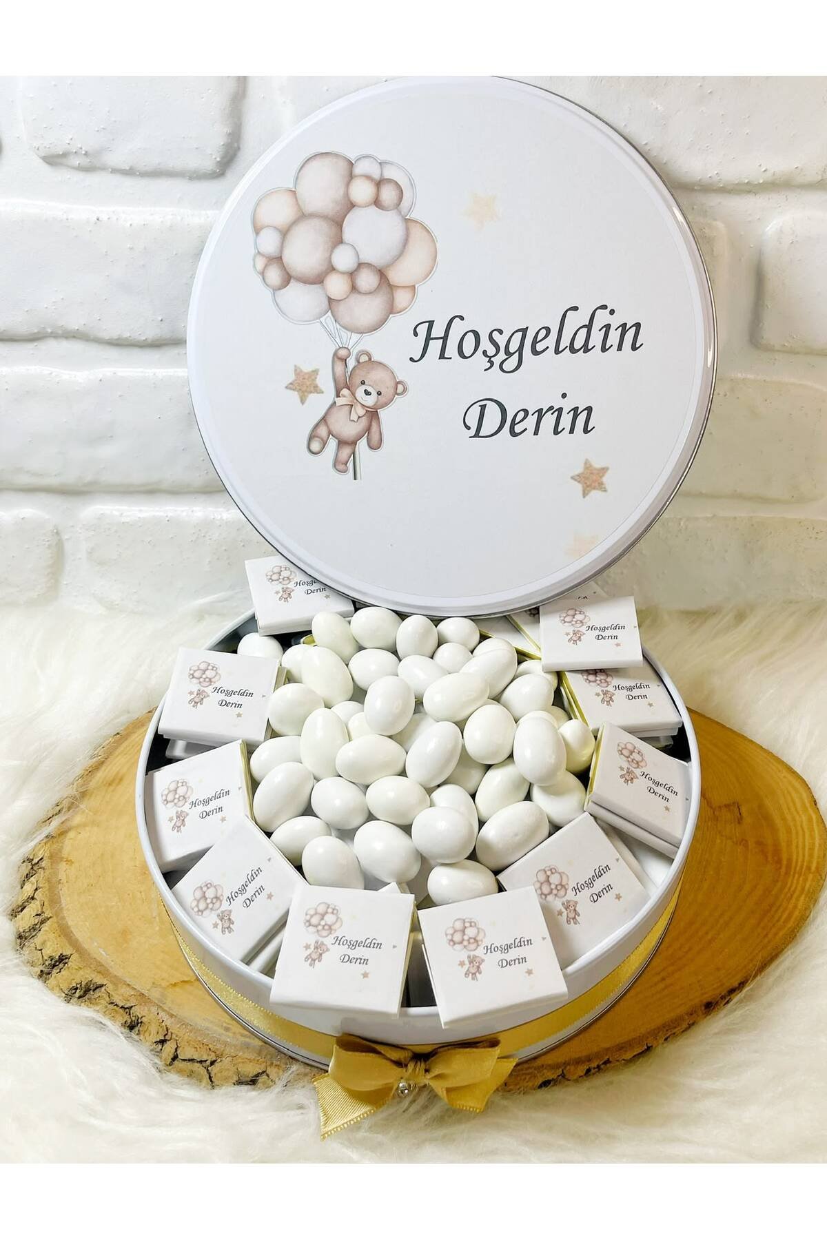 150 Adet+200 Gr Drajeli Balonlu Kahverengi Ayıcık Temalı İsme Özel Hoşgeldin Kız-Erkek Bebek Hediyelik Çikolata - Görsel 4