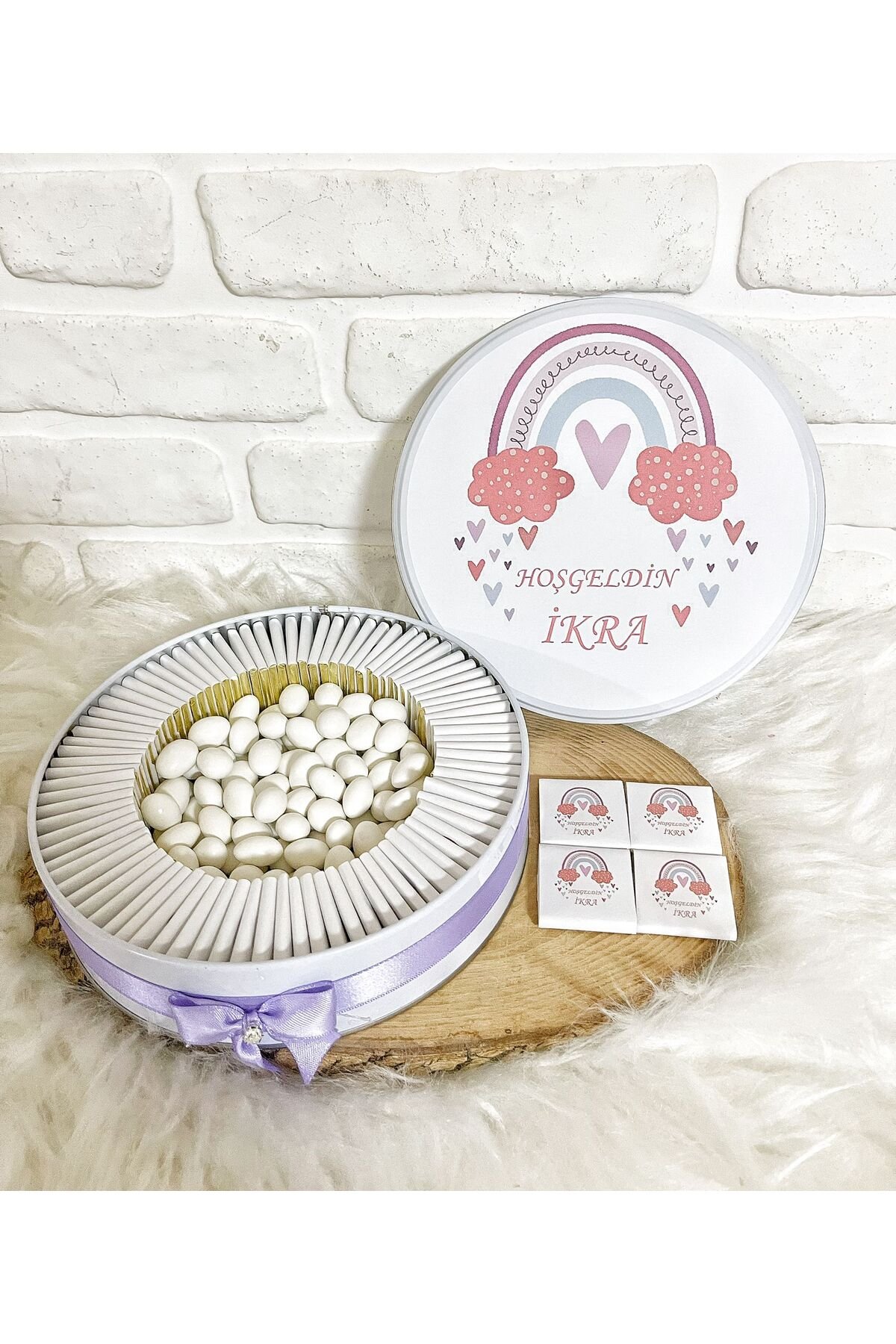 100 Adet+200 Gr Draje Gökkuşağı Konsept İsme Özel Hoşgeldin Doğumgünü Kız Bebek Hediyelik Çikolata