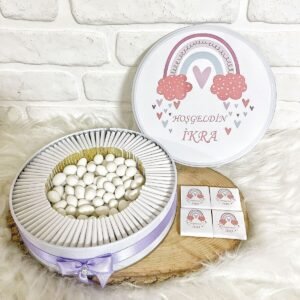 80 Adet+200 Gr Draje Gökkuşağı Konsept İsme Özel Hoşgeldin Doğumgünü Kız Bebek Hediyelik Çikolata