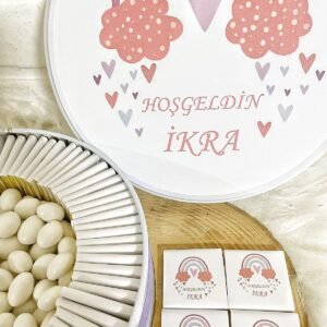 80 Adet+200 Gr Draje Gökkuşağı Konsept İsme Özel Hoşgeldin Doğumgünü Kız Bebek Hediyelik Çikolata