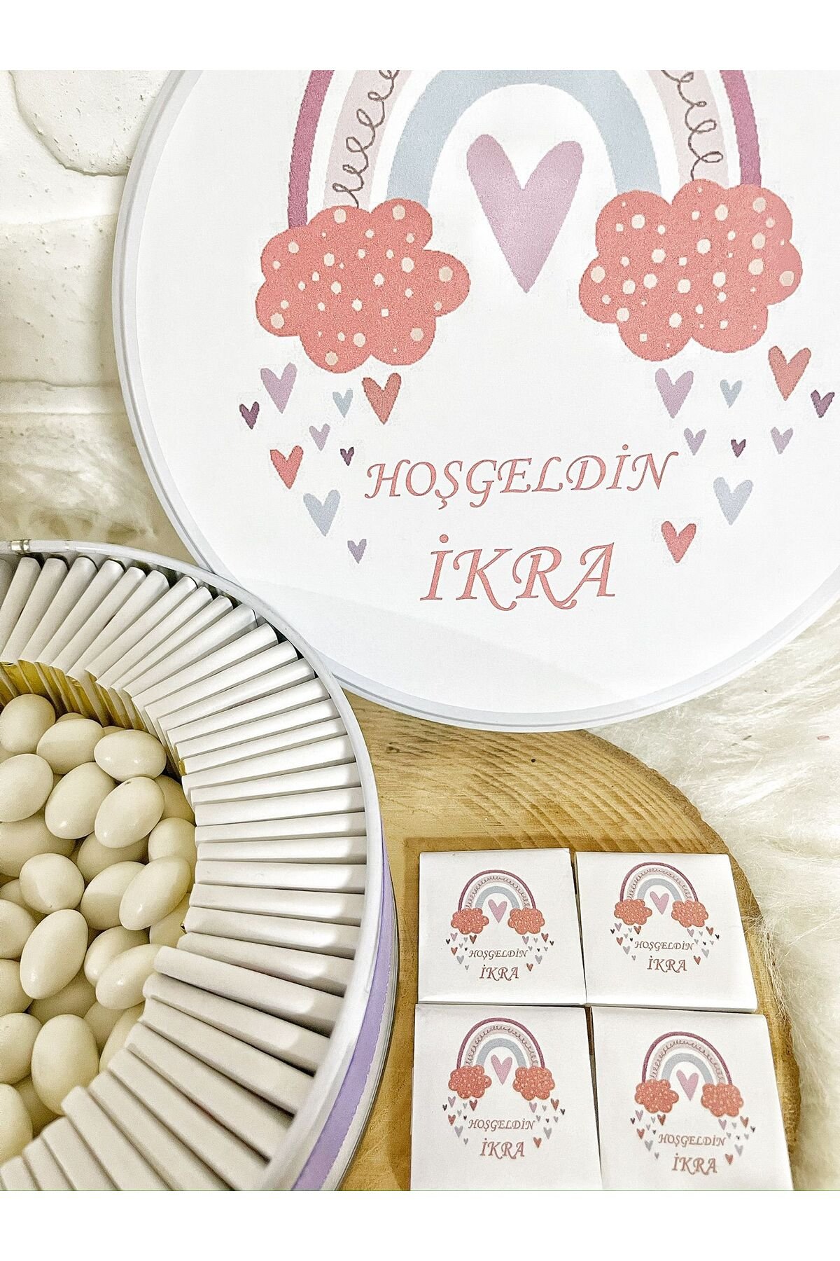 80 Adet+200 Gr Draje Gökkuşağı Konsept İsme Özel Hoşgeldin Doğumgünü Kız Bebek Hediyelik Çikolata - Görsel 2