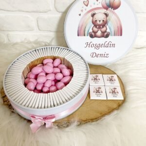 150 Adet+200 Gr Draje Gökkuşağı Ayıcıklı İsme Özel Hoşgeldin Doğumgünü Kız Bebek Hediyelik Çikolata