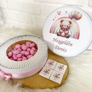 100 Adet+200 Gr Draje Gökkuşağı Ayıcıklı İsme Özel Hoşgeldin Doğumgünü Kız Bebek Hediyelik Çikolata