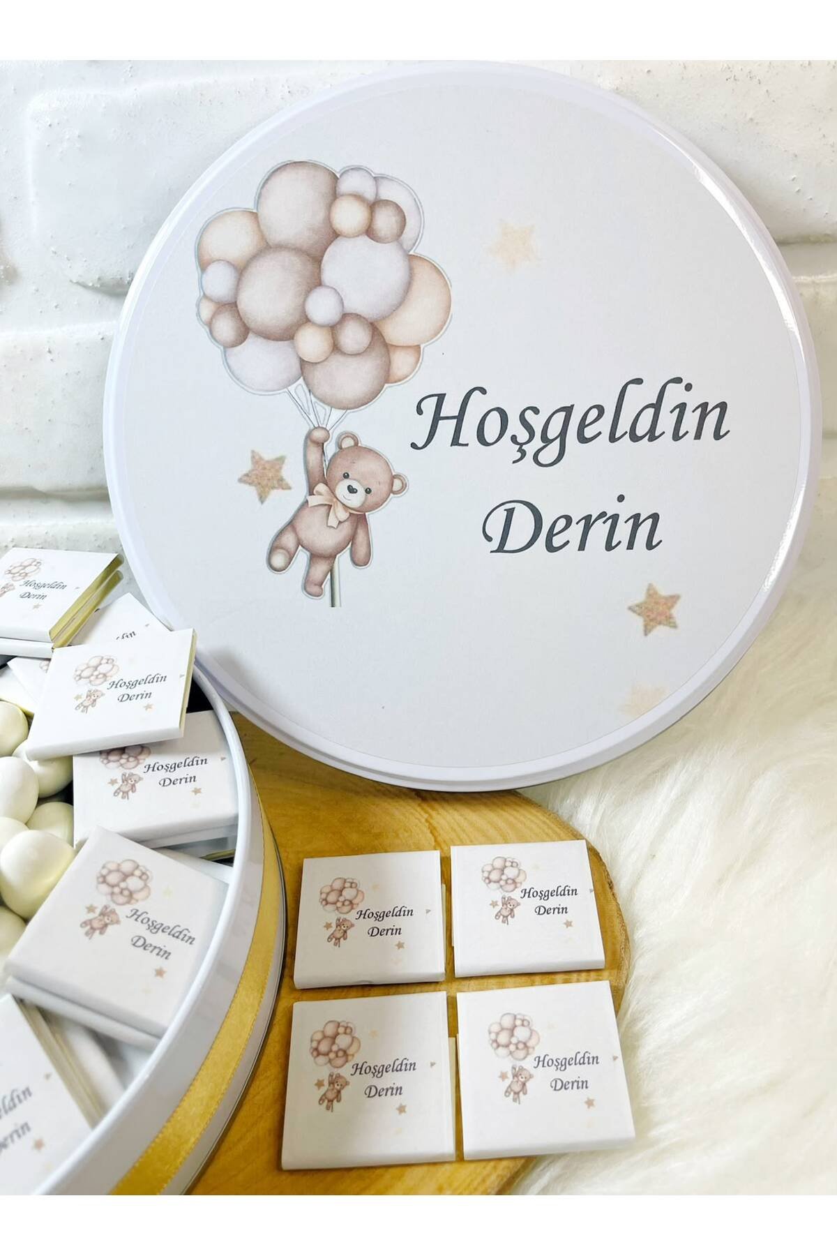 100 Adet+200 Gr Drajeli Balonlu Kahverengi Ayıcık Temalı İsme Özel Hoşgeldin Kız-Erkek Bebek Hediyelik Çikolata - Görsel 3