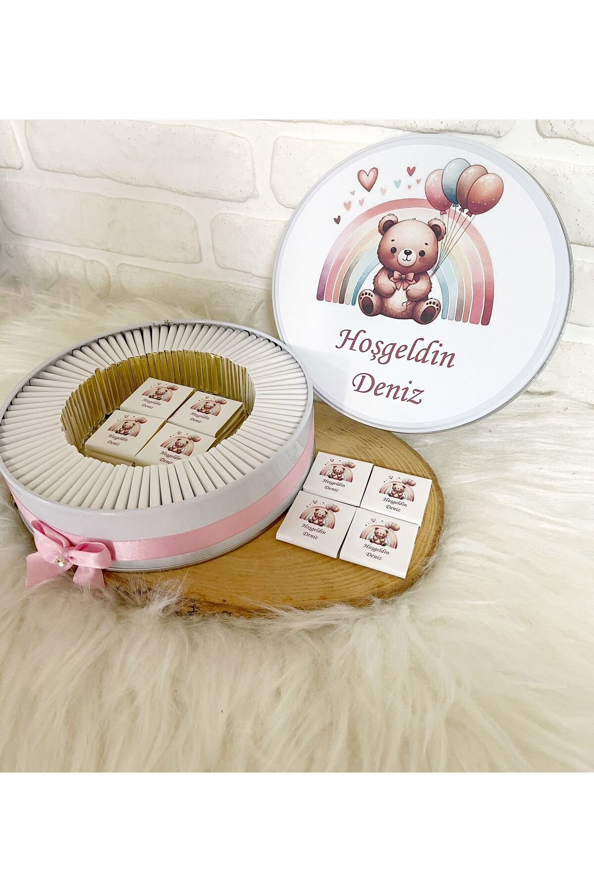 50 Adet Gökkuşağı Ayıcıklı Temalı İsme Özel Hoşgeldin Doğumgünü Kız Bebek Hediyelik Çikolata