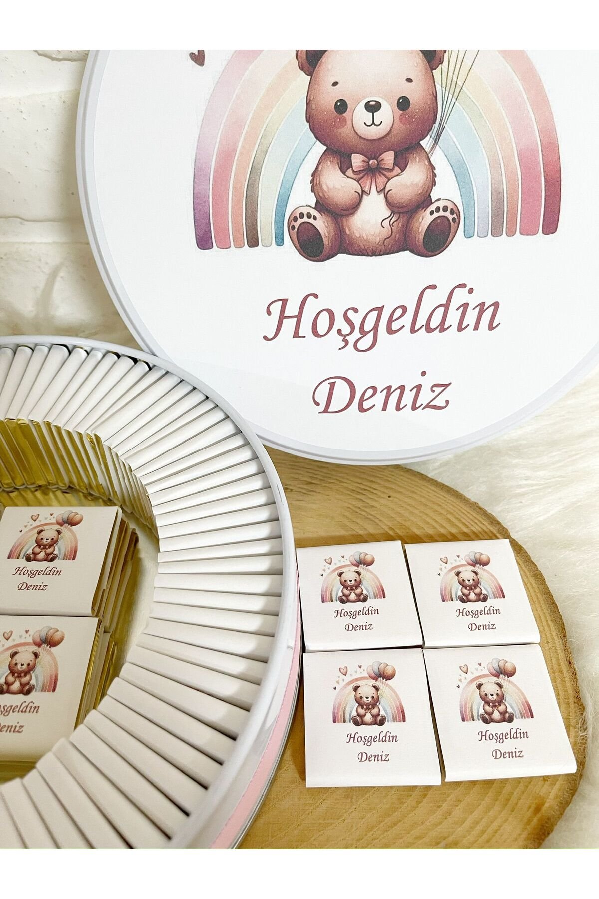 50 Adet Gökkuşağı Ayıcıklı Temalı İsme Özel Hoşgeldin Doğumgünü Kız Bebek Hediyelik Çikolata - Görsel 3