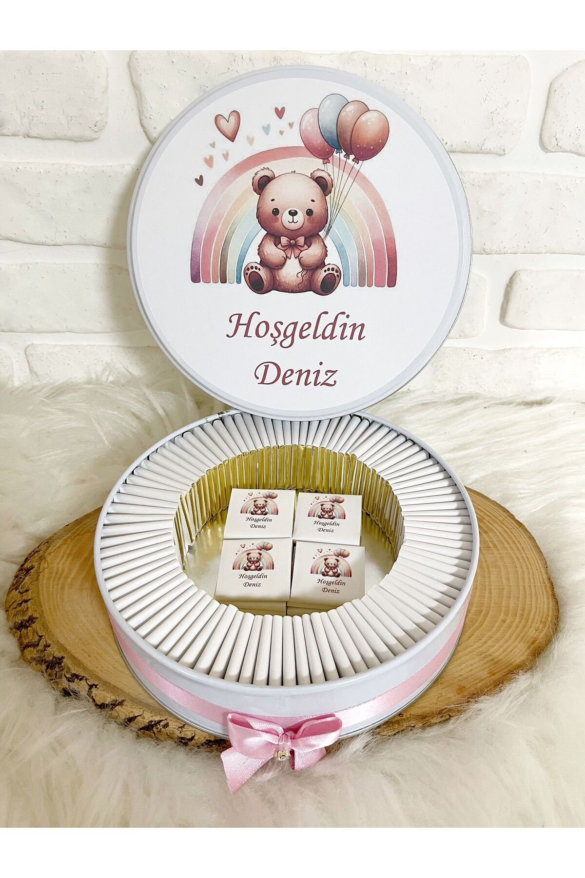 50 Adet Gökkuşağı Ayıcıklı Temalı İsme Özel Hoşgeldin Doğumgünü Kız Bebek Hediyelik Çikolata - Görsel 4