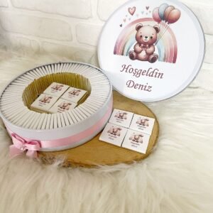 100 Adet Gökkuşağı Ayıcıklı Temalı İsme Özel Hoşgeldin Doğumgünü Kız Bebek Hediyelik Çikolata