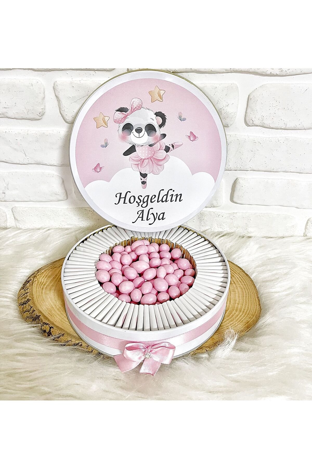 80 Adet+200 Gr Drajeli Pembe Panda Temalı İsme Özel Hoşgeldin Doğumgünü Kız Bebek Hediyelik Çikolata - Görsel 4