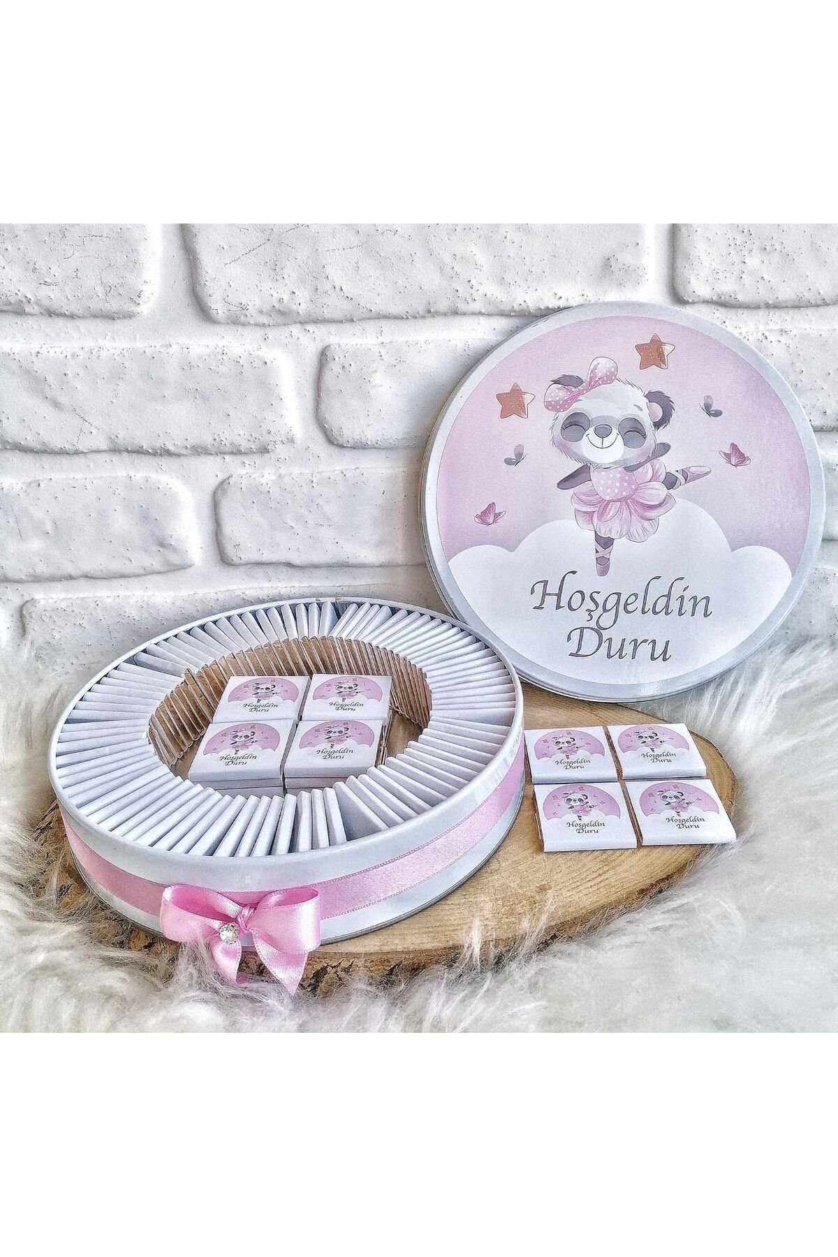 100 Adet Pembe Panda Temalı İsme Özel Hoşgeldin Doğumgünü Kız Bebek Hediyelik Çikolata - Görsel 2