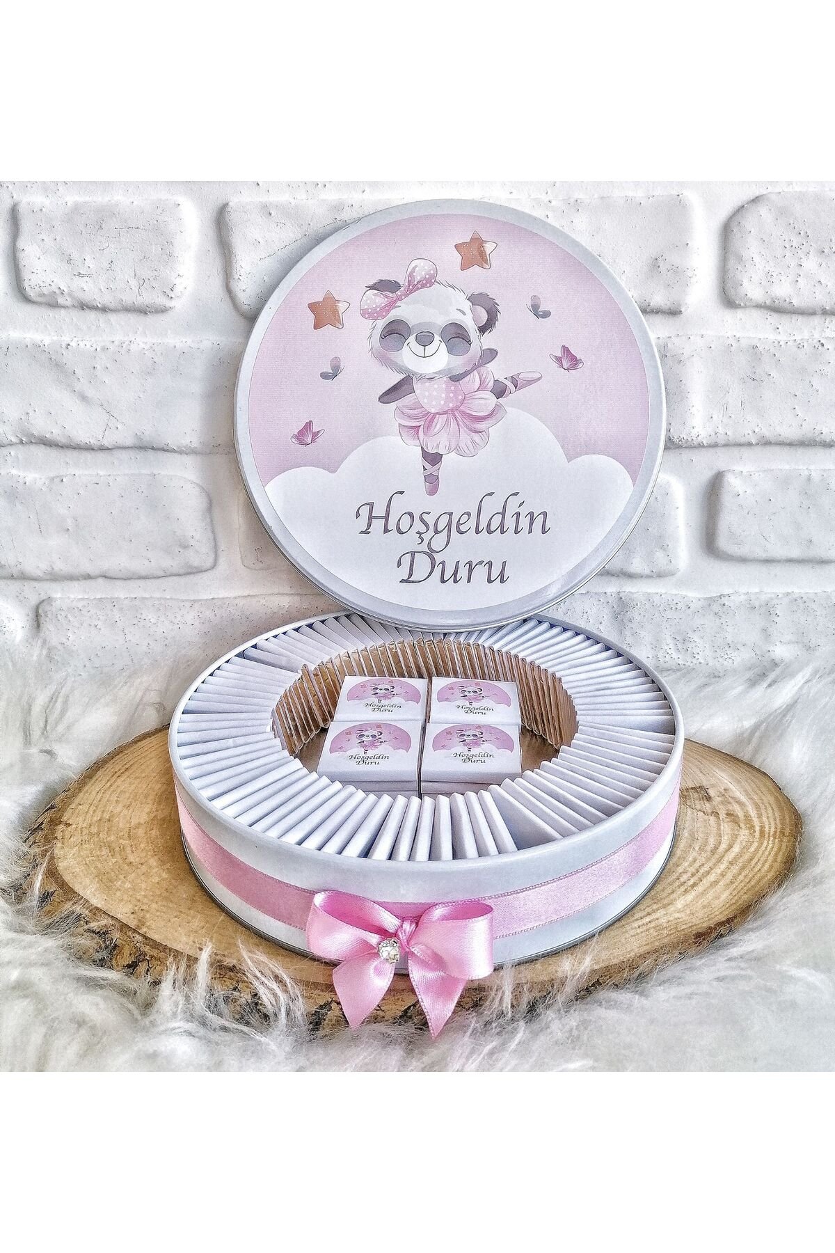 100 Adet Pembe Panda Temalı İsme Özel Hoşgeldin Doğumgünü Kız Bebek Hediyelik Çikolata - Görsel 4