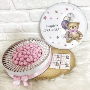 50 Adet+200 Gr Draje Pembe Ayıcık Temalı İsme Özel Hoşgeldin Doğumgünü Kız Bebek Hediyelik Çikolata