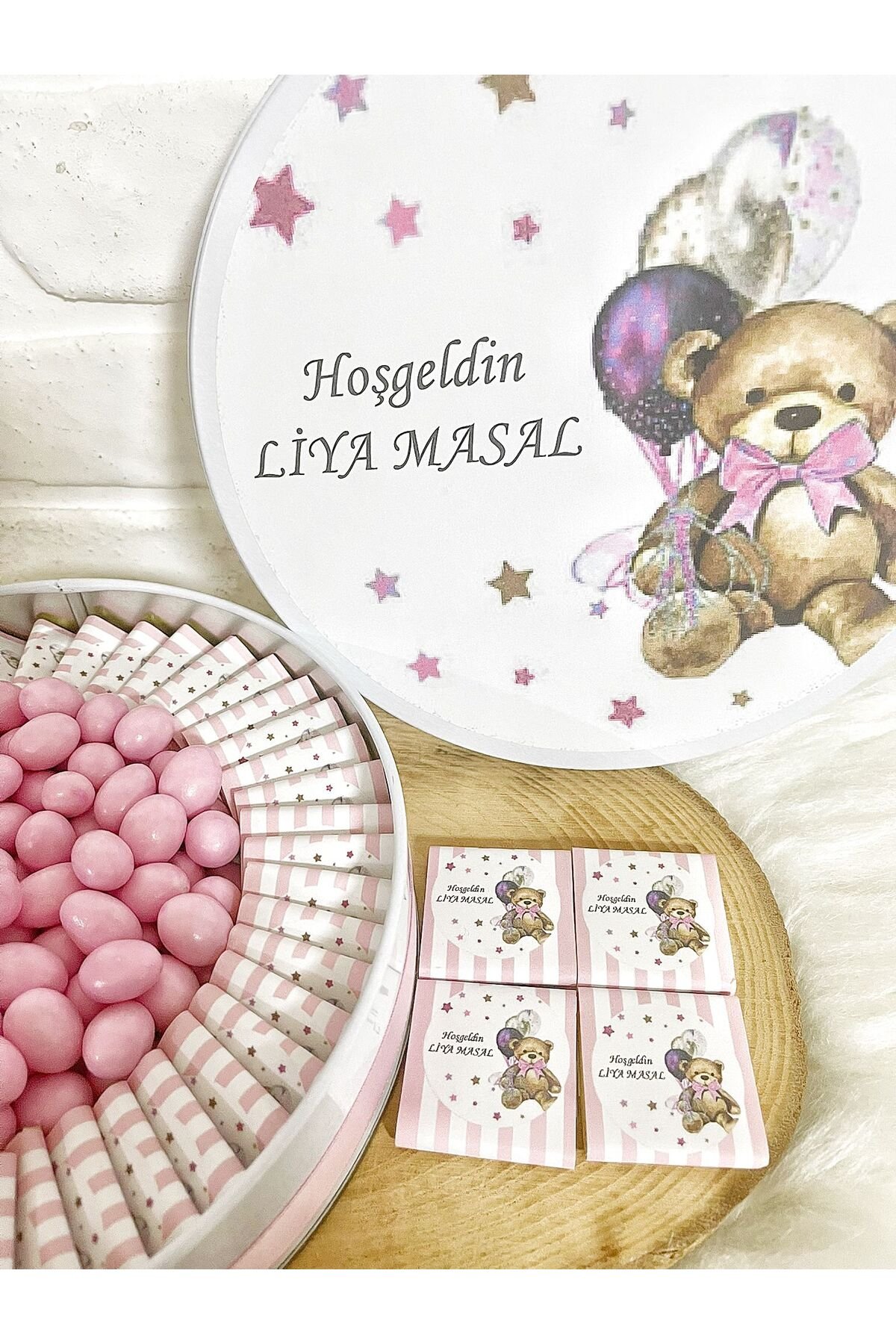 80 Adet+200 Gr Draje Pembe Ayıcık Temalı İsme Özel Hoşgeldin Doğumgünü Kız Bebek Hediyelik Çikolata - Görsel 3