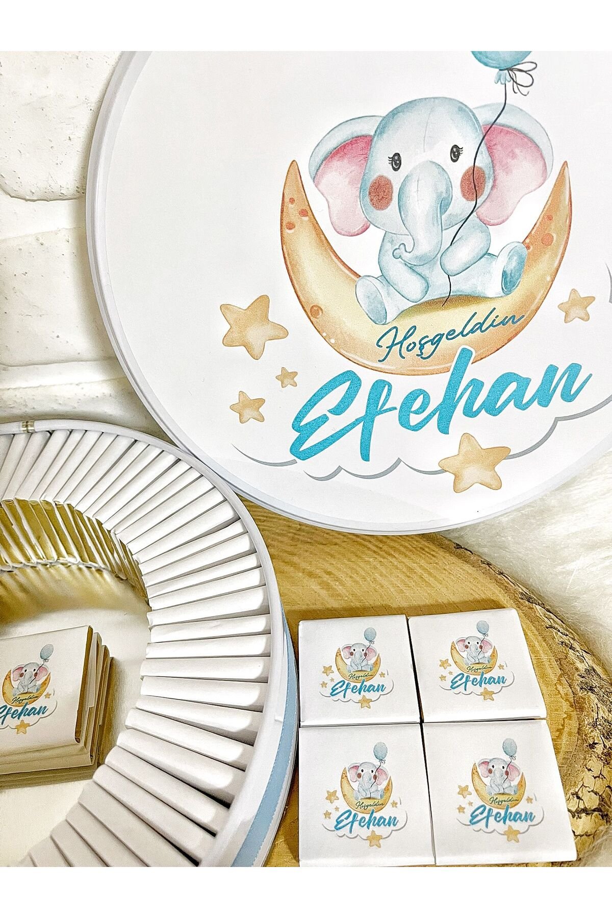 100 Adet Ayda Fil Temalı İsme Özel Hoşgeldin-Doğumgünü Erkek Bebek Hediyelik Çikolata - Görsel 3