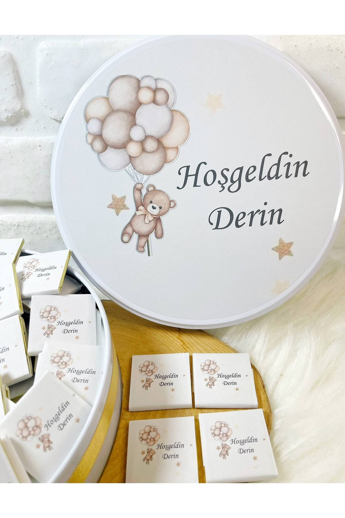 100 Adet Balonlu Kahverengi Ayıcık Temalı İsme Özel Hoşgeldin Kız-Erkek Bebek Hediyelik Çikolata - Görsel 3