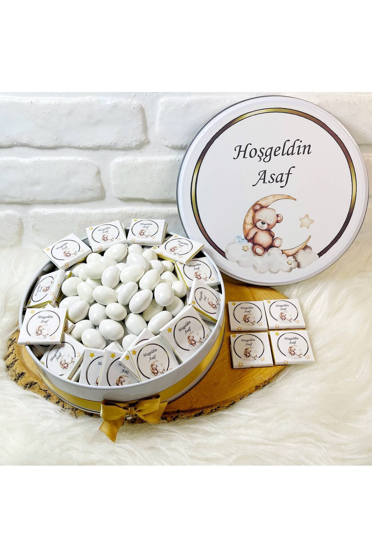 150 Adet+200 Gr Drajeli Gold Çerçeveli Ayda Ayıcık Temalı İsme Özel Hoşgeldin Erkek Bebek Hediyelik Çikolata - Görsel 2