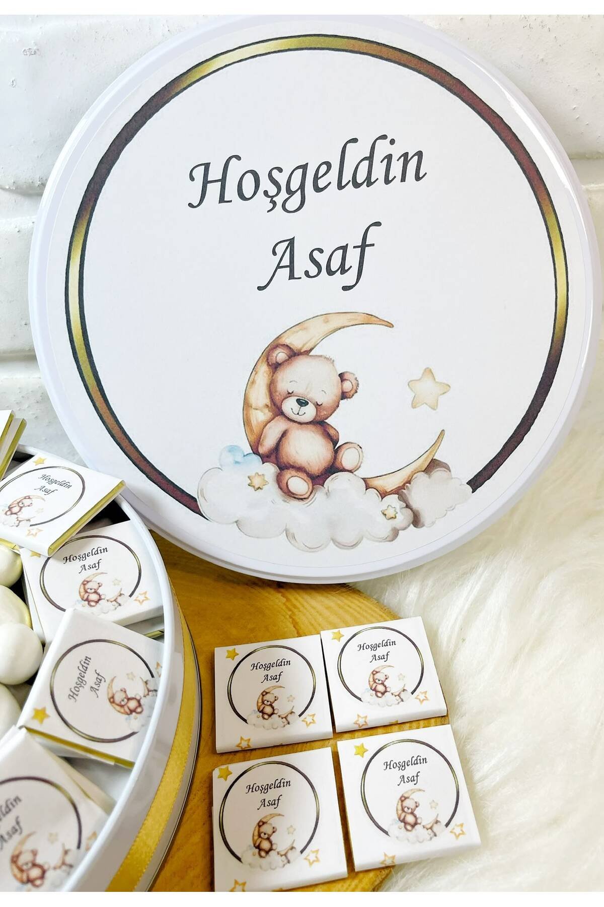 150 Adet+200 Gr Drajeli Gold Çerçeveli Ayda Ayıcık Temalı İsme Özel Hoşgeldin Erkek Bebek Hediyelik Çikolata - Görsel 3