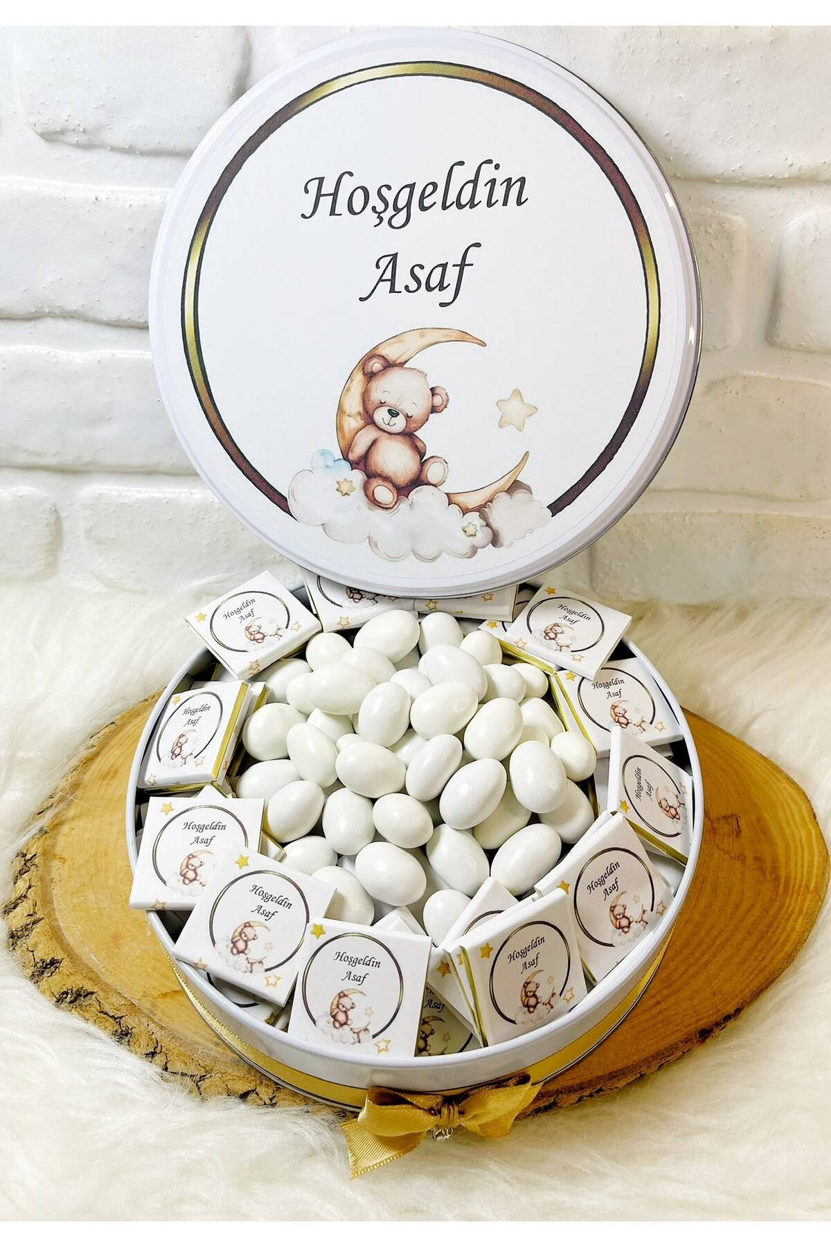 150 Adet+200 Gr Drajeli Gold Çerçeveli Ayda Ayıcık Temalı İsme Özel Hoşgeldin Erkek Bebek Hediyelik Çikolata - Görsel 4