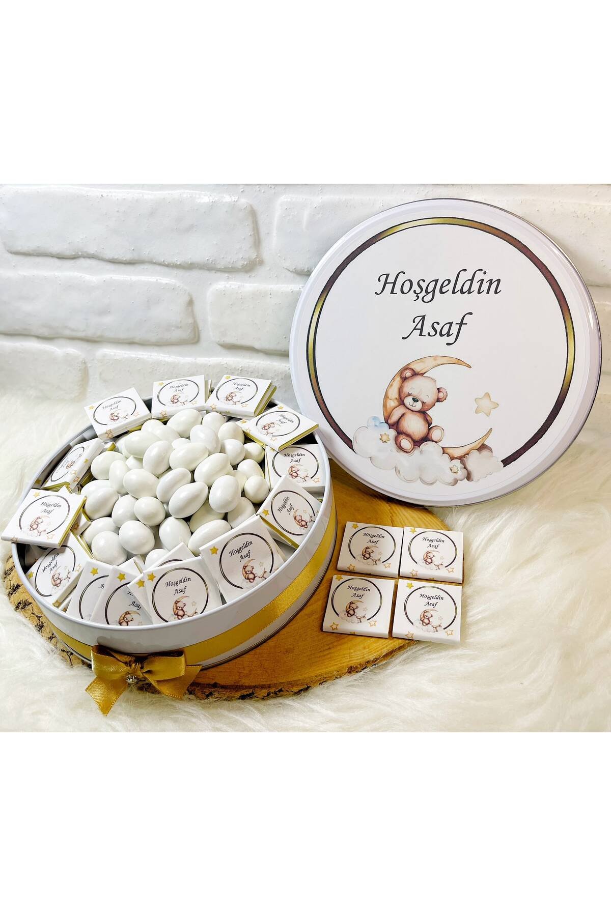 50 Adet+200 Gr Drajeli Gold Çerçeveli Ayda Ayıcık Temalı İsme Özel Hoşgeldin Erkek Bebek Hediyelik Çikolata - Görsel 2