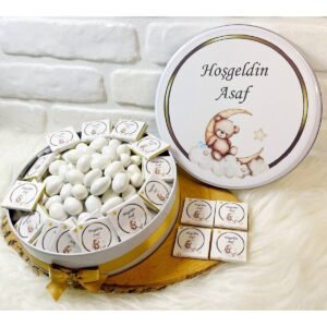100 Adet+200 Gr Drajeli Gold Çerçeveli Ayda Ayıcık Temalı İsme Özel Hoşgeldin Erkek Bebek Hediyelik Çikolata