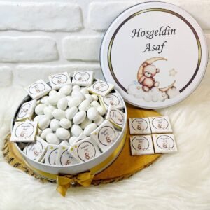100 Adet+200 Gr Drajeli Gold Çerçeveli Ayda Ayıcık Temalı İsme Özel Hoşgeldin Erkek Bebek Hediyelik Çikolata