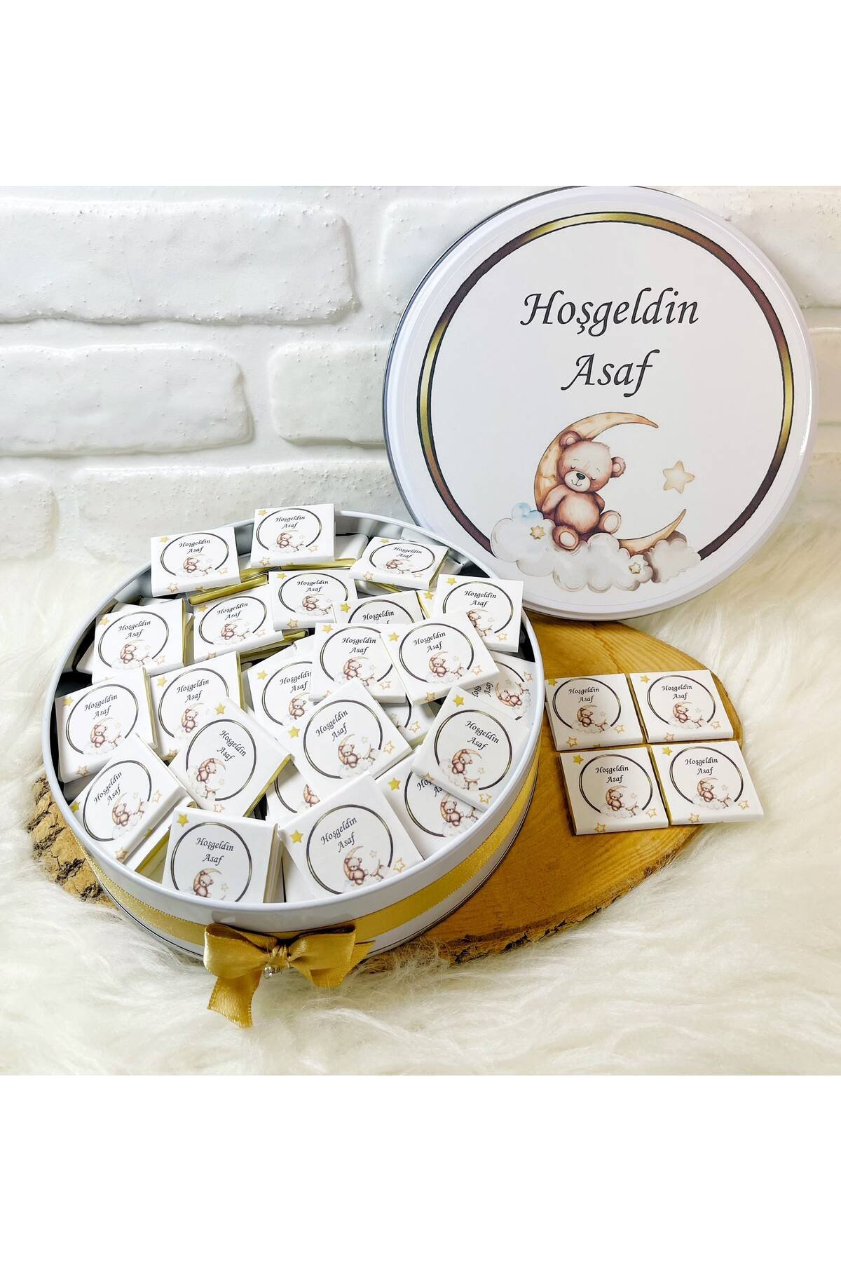 80 Adet Gold Çerçeveli Ayda Ayıcık Temalı İsme Özel Hoşgeldin Erkek Bebek Hediyelik Çikolata - Görsel 2