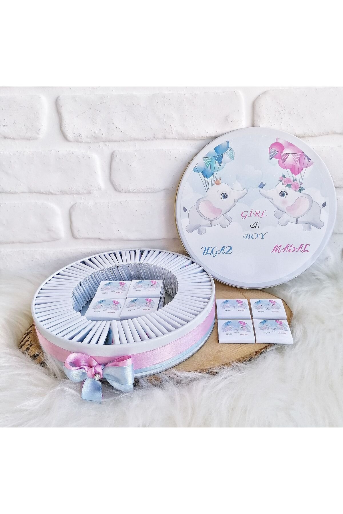 100 Adet İkiz Filler Temalı İsme Özel Hoşgeldin İkiz Bebek Hediyelik Çikolata