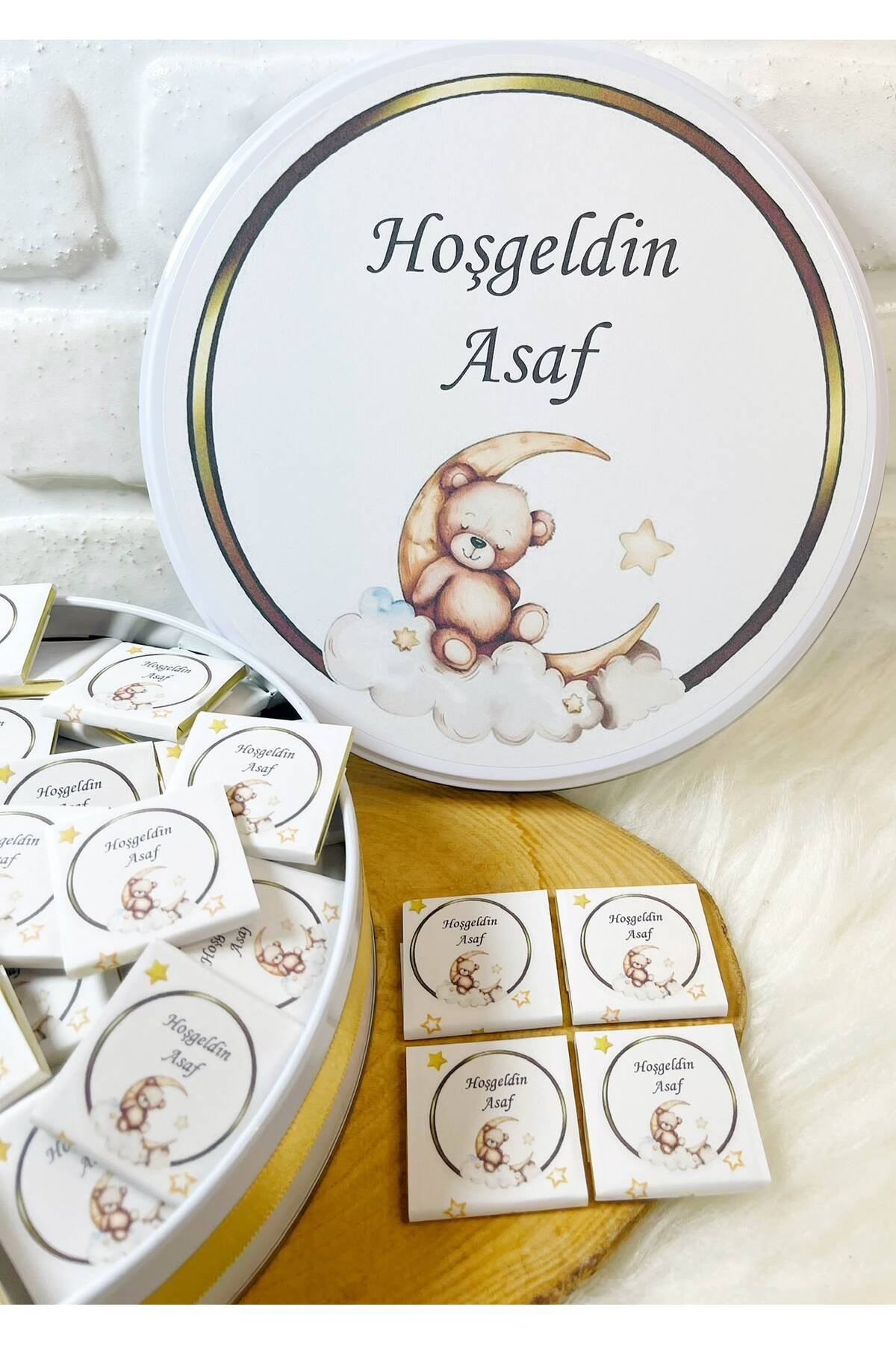 50 Adet Gold Çerçeveli Ayda Ayıcık Temalı İsme Özel Hoşgeldin Erkek Bebek Hediyelik Çikolata - Görsel 3
