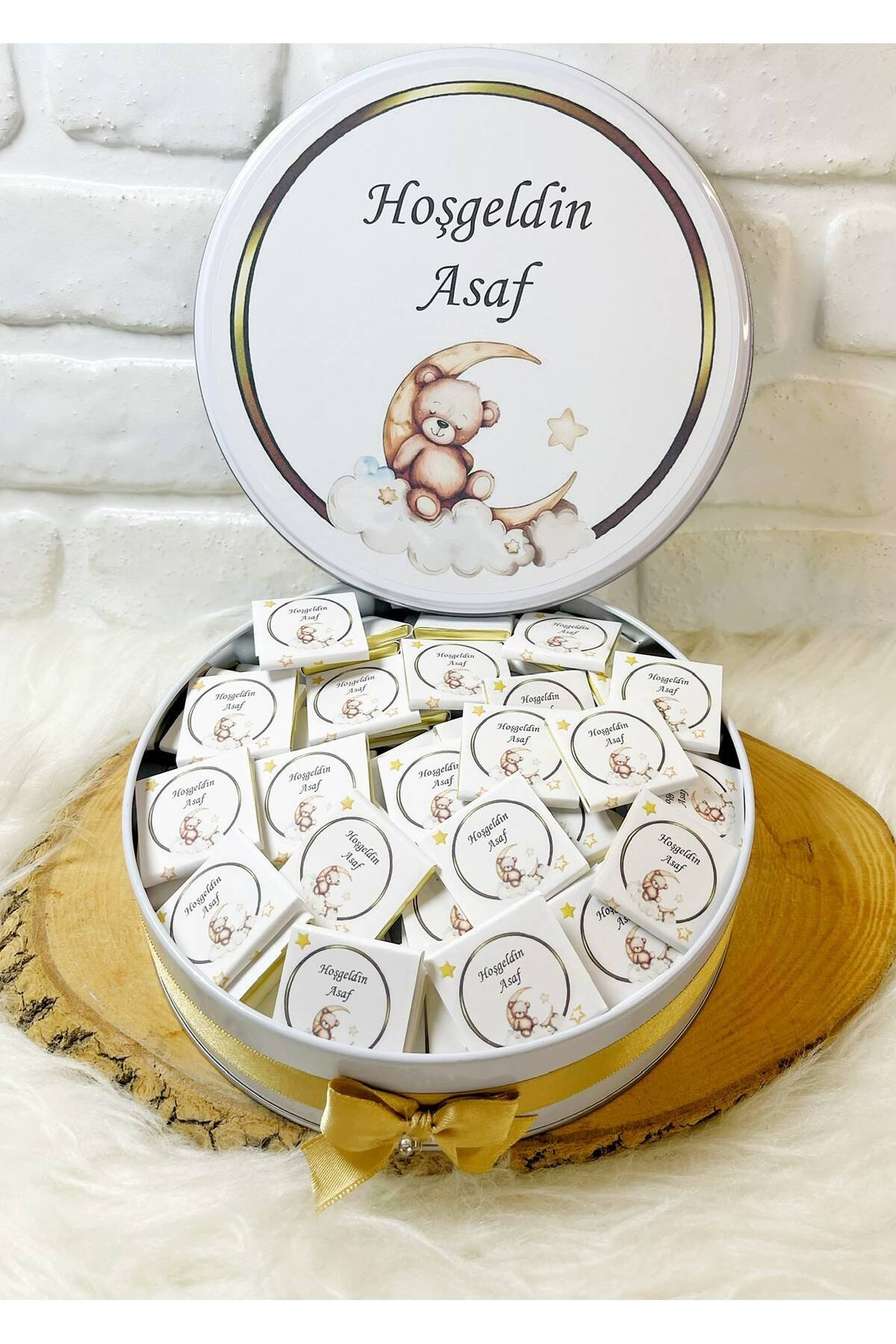 50 Adet Gold Çerçeveli Ayda Ayıcık Temalı İsme Özel Hoşgeldin Erkek Bebek Hediyelik Çikolata - Görsel 4