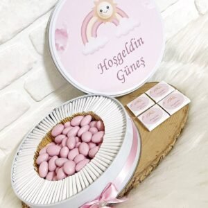100 Adet+200 Gr Drajeli Güneş Temalı İsme Özel Hoşgeldin Kız Bebek Hediyelik Çikolata
