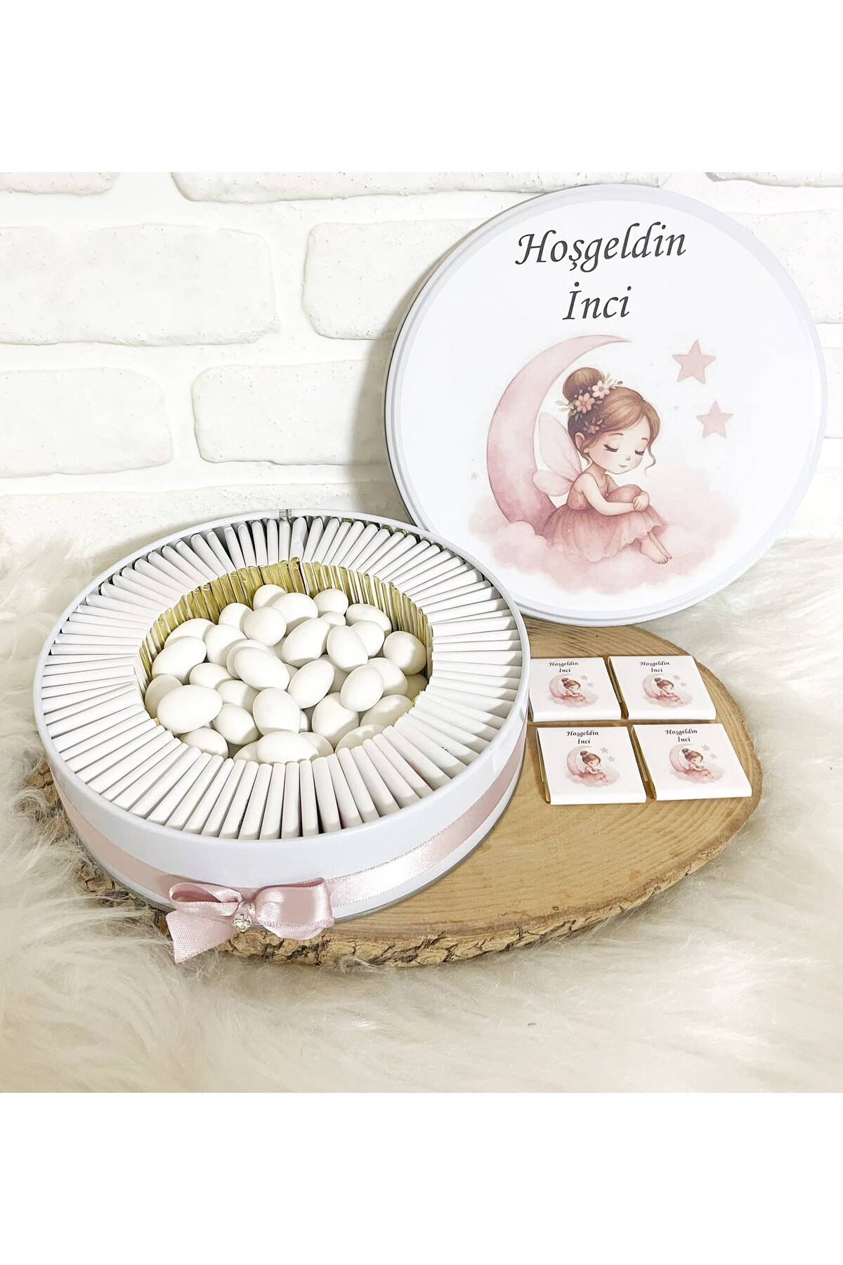 150 Adet+200 Gr Drajeli Ayda Peri Kızı Temalı İsme Özel Hoşgeldin Kız Bebek Hediyelik Çikolata