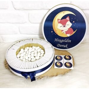 100 Adet+200 Gr Drajeli Ayda Uyuyan Tilki Temalı İsme Özel Hoşgeldin Erkek Bebek Hediyelik Çikolata