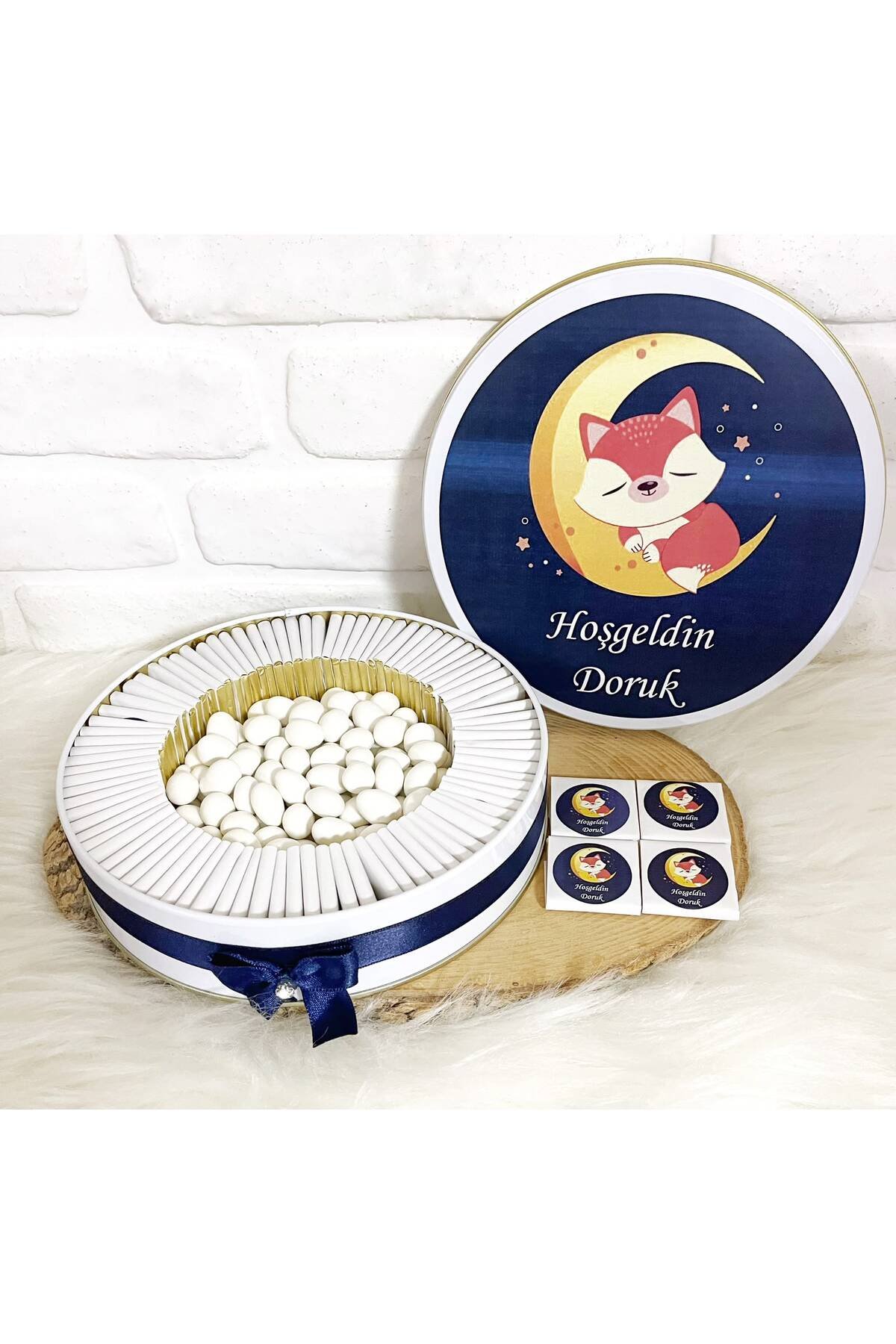 200 Adet+200 Gr Drajeli Ayda Uyuyan Tilki Temalı İsme Özel Hoşgeldin Erkek Bebek Hediyelik Çikolata