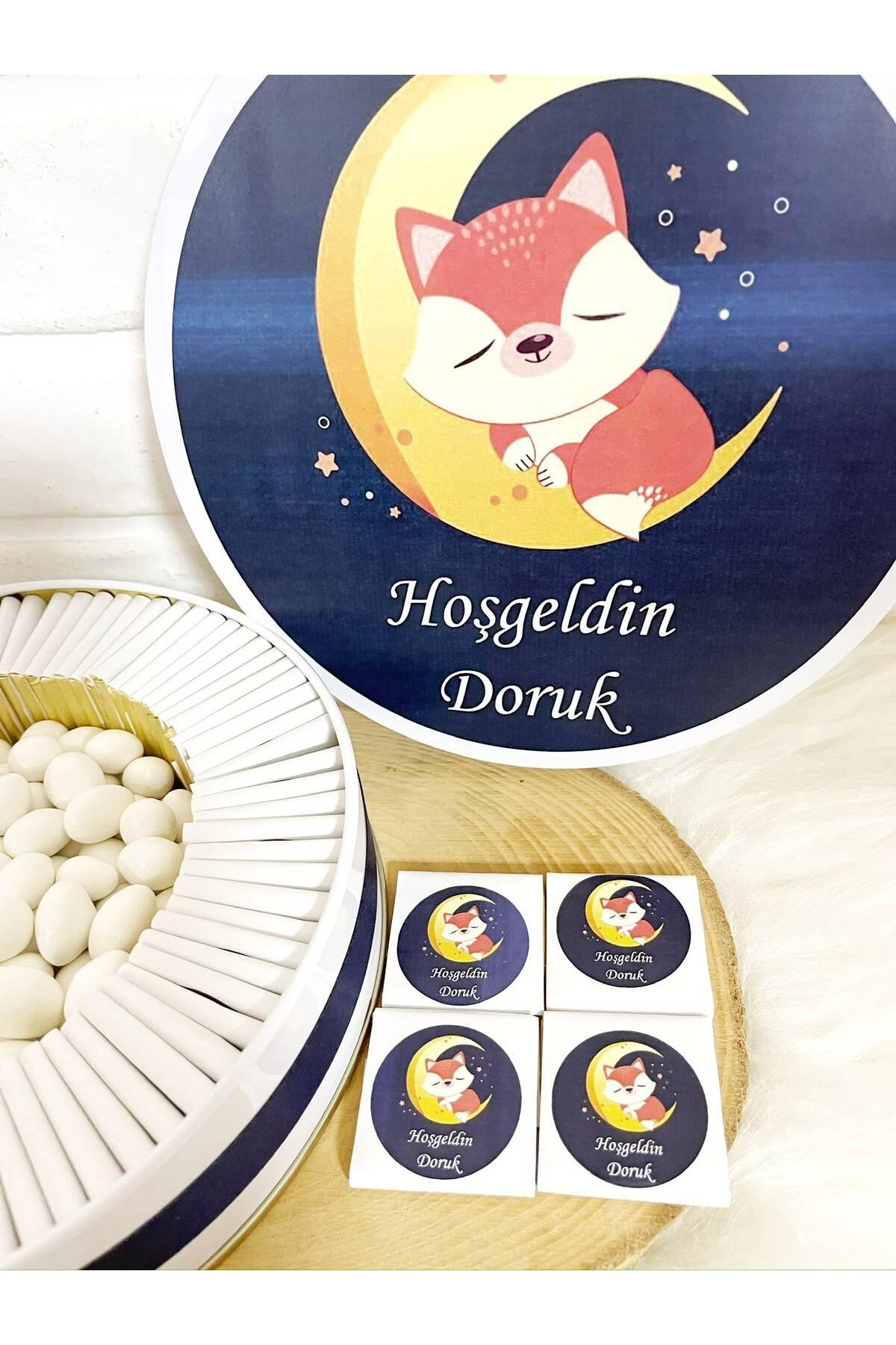 200 Adet+200 Gr Drajeli Ayda Uyuyan Tilki Temalı İsme Özel Hoşgeldin Erkek Bebek Hediyelik Çikolata - Görsel 3