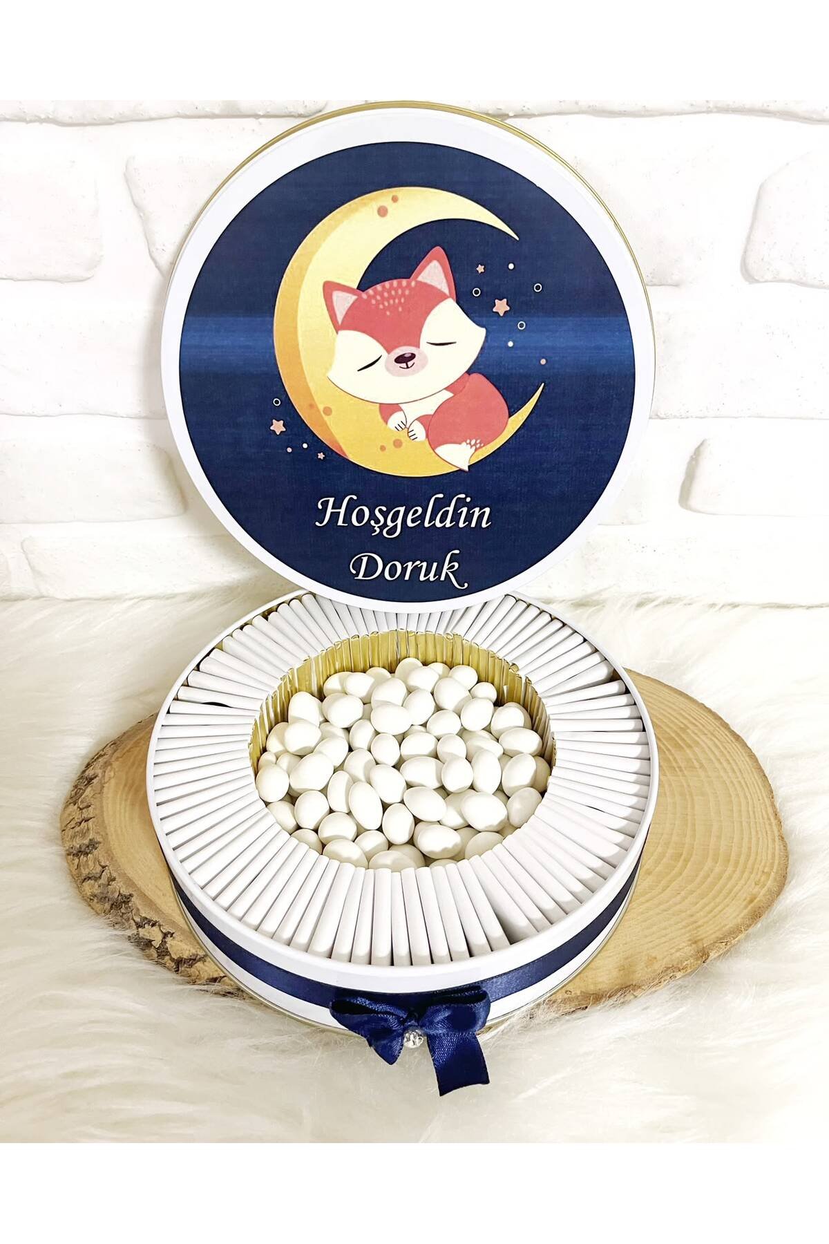 200 Adet+200 Gr Drajeli Ayda Uyuyan Tilki Temalı İsme Özel Hoşgeldin Erkek Bebek Hediyelik Çikolata - Görsel 4