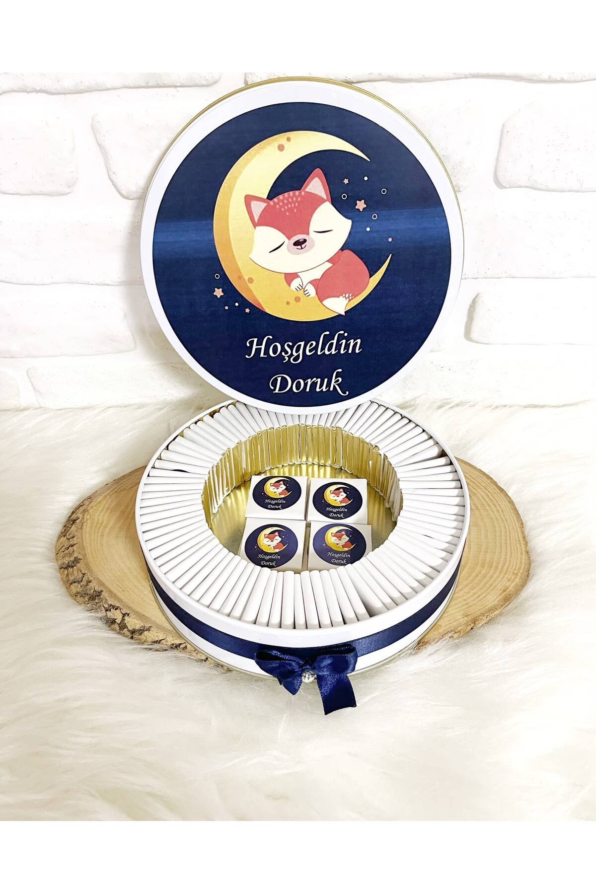 200 Adet Ayda Uyuyan Tilki Temalı İsme Özel Hoşgeldin Erkek Bebek Hediyelik Çikolata - Görsel 3