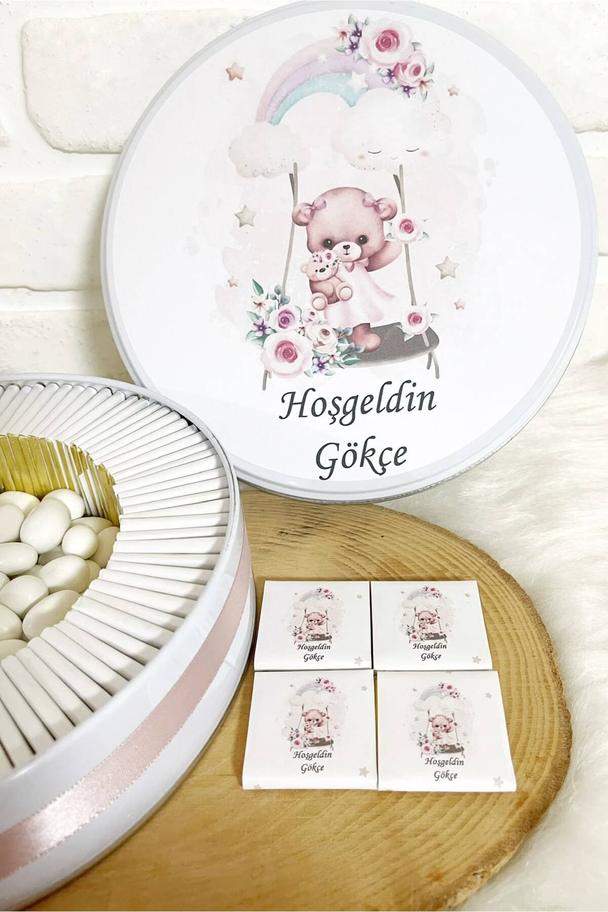 200 Adet+200 Gr Drajeli Salıncaklı Ayıcık Temalı İsme Özel Hoşgeldin Kız Bebek Hediyelik Çikolata - Görsel 3