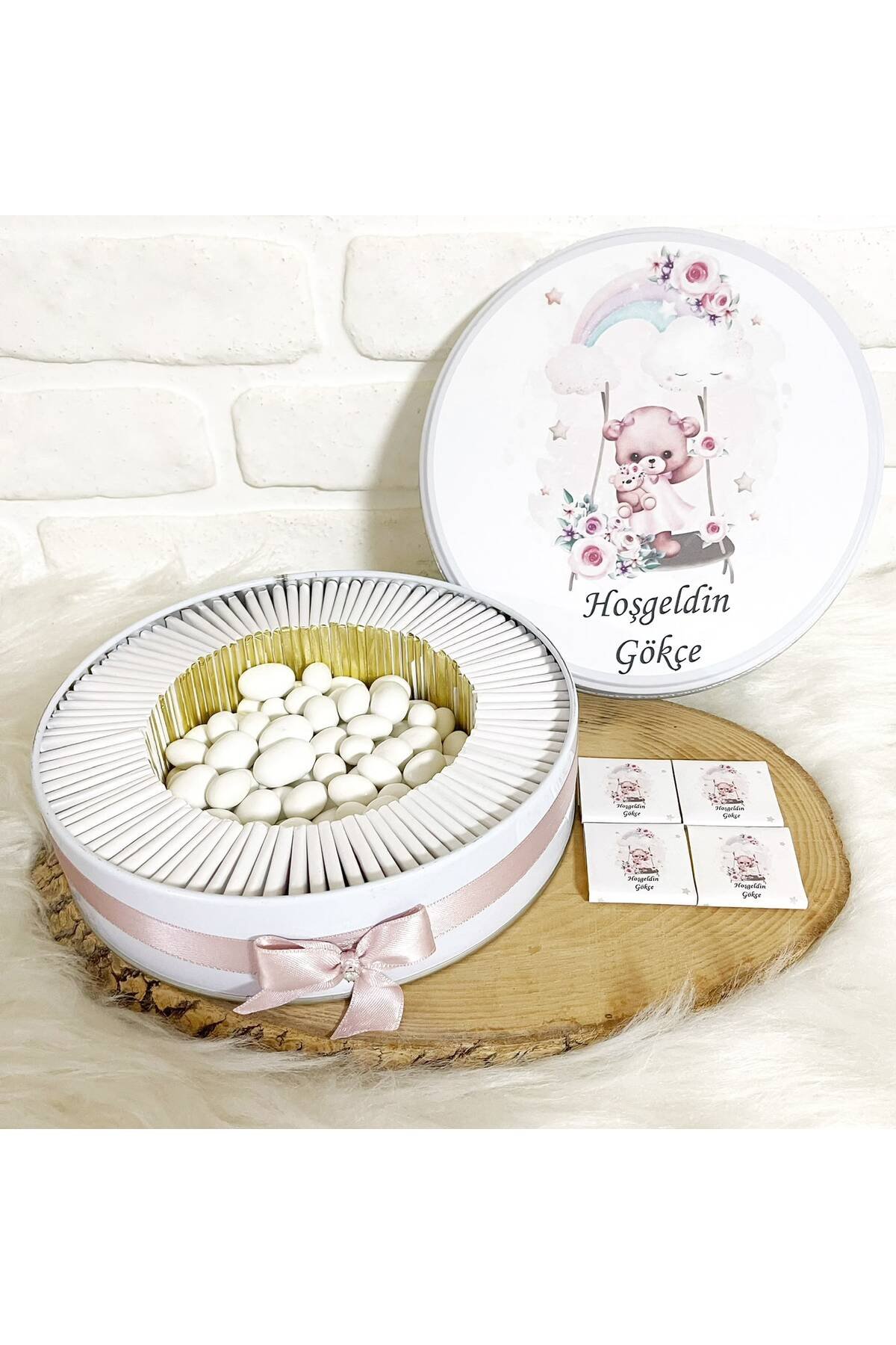 80 Adet+200 Gr Drajeli Salıncaklı Ayıcık Temalı İsme Özel Hoşgeldin Kız Bebek Hediyelik Çikolata - Görsel 2