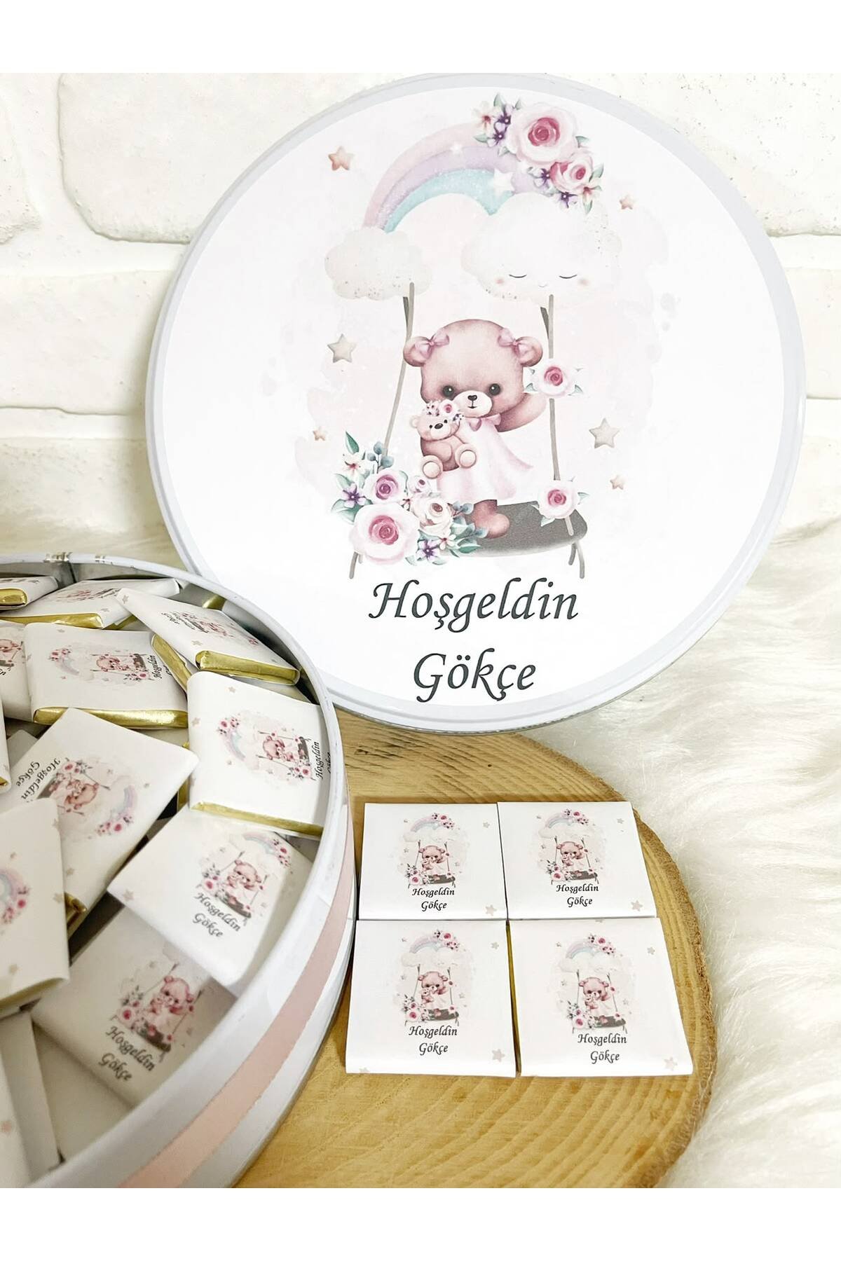 200 Adet Salıncaklı Ayıcık Temalı İsme Özel Hoşgeldin Kız Bebek Hediyelik Çikolata - Görsel 3