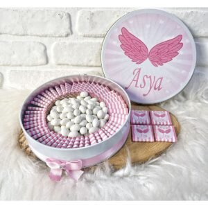 100 Adet+200 Gr Drajeli Melek Kanatlı İsme Özel Kız Bebek Hoşgeldin Doğumgünü Çikolata